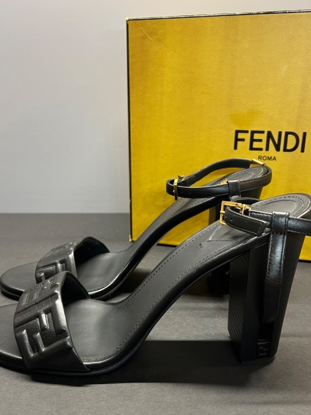 New Fendi Delfina Sandal Black Leather Ankle Strap High Heeled Logo Shoe sz 12 / - Picture 2 of 10